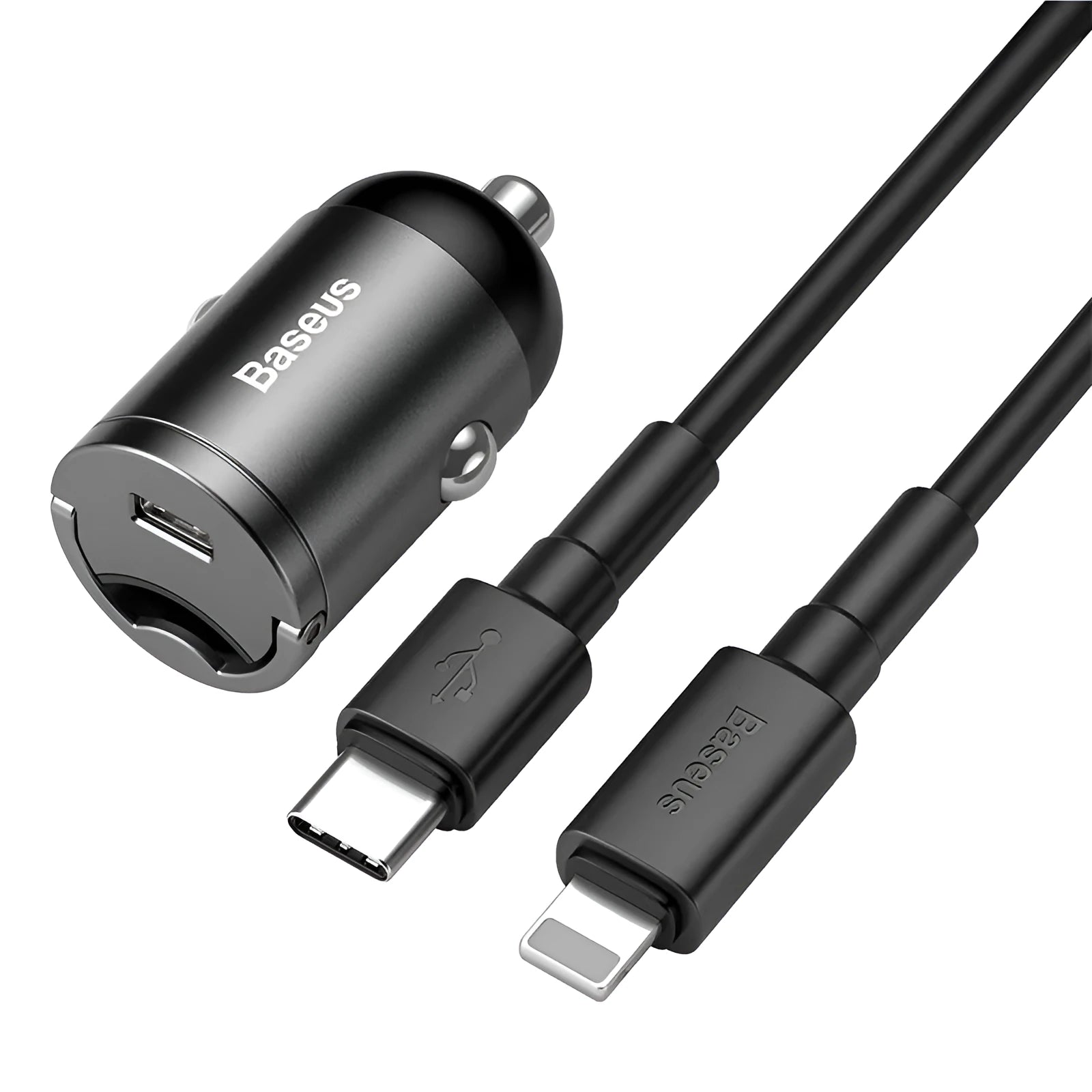 Grey Baseus mini car charger with single USB port and attached 1 metre cable.