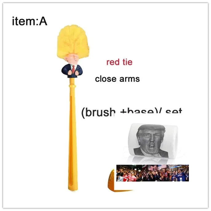 Yellow plastic Donald Trump novelty toilet brush with hanging slot, 40cm length