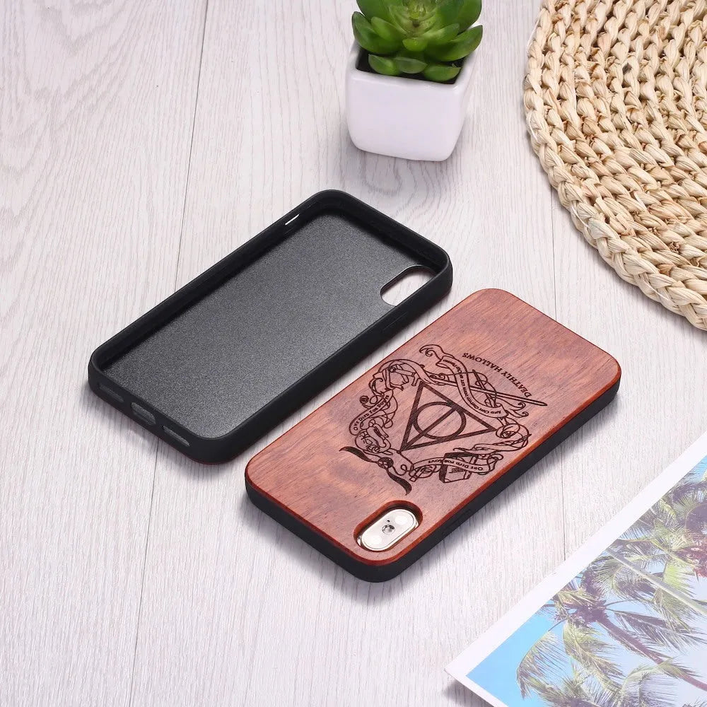 Laser-carved wooden phone case with TPU backing in cherry wood or rosewood finish for iPhone and Samsung