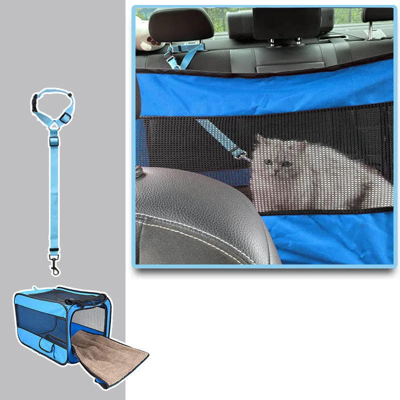 Gray folding pet travel carrier bag with mesh windows, seatbelt straps, and removable pad