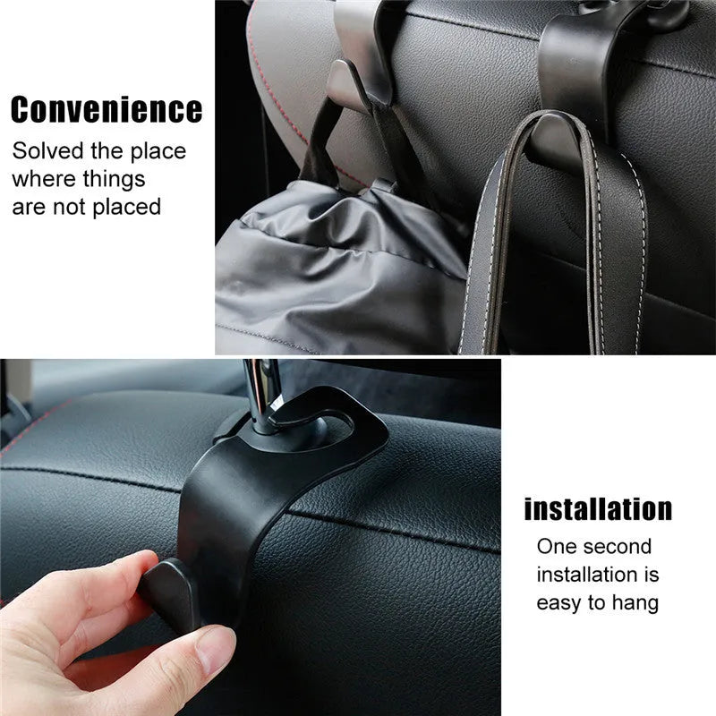 Set of four black PP plastic universal car seat back hooks on a car front seat backrest