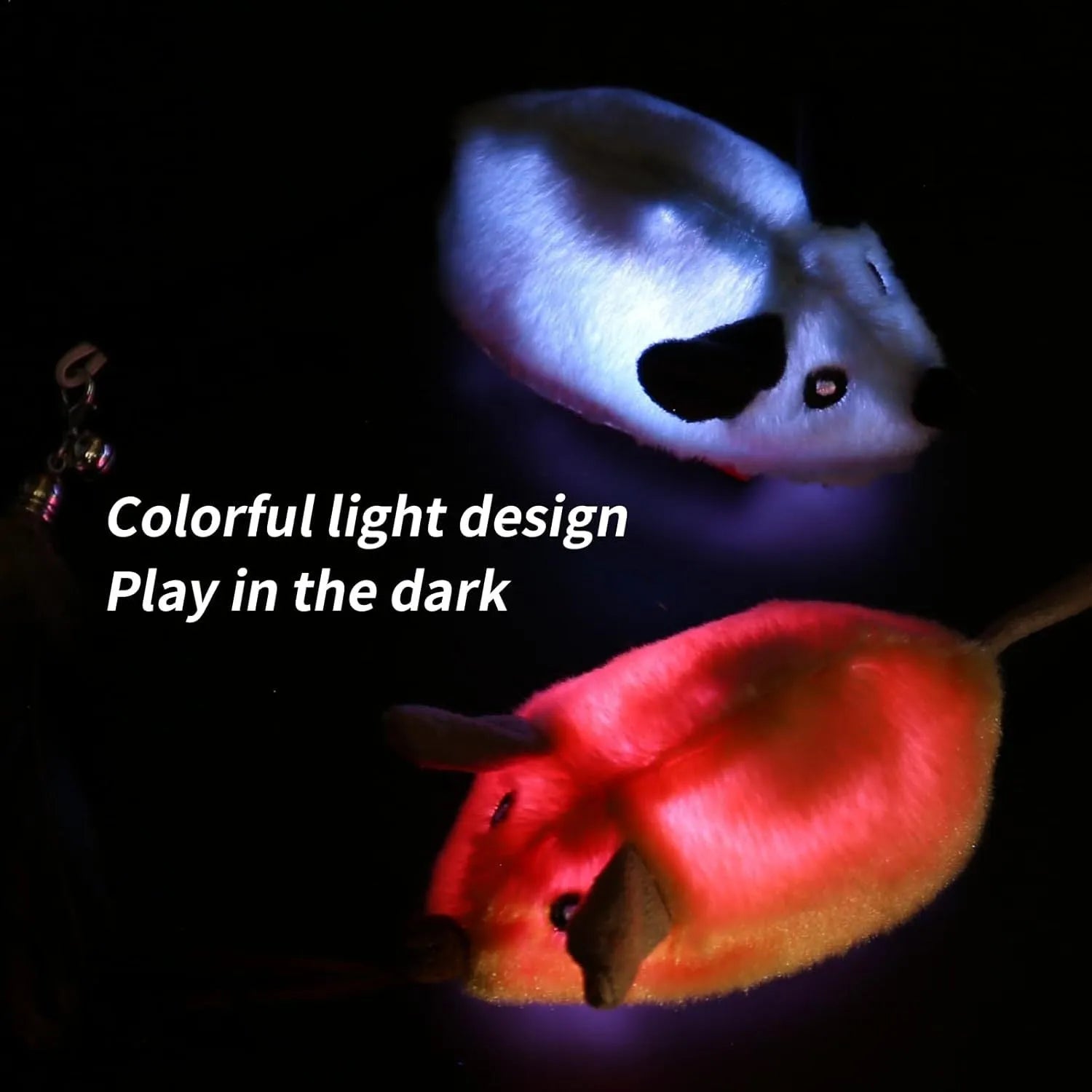 Grey and yellow interactive cat toy mouse with feather tail and LED lights on floor