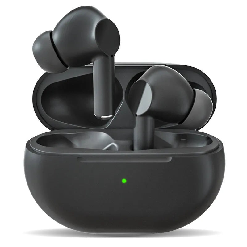 Black and white Pro4 Bluetooth earbuds inside a compact rectangular charging case.