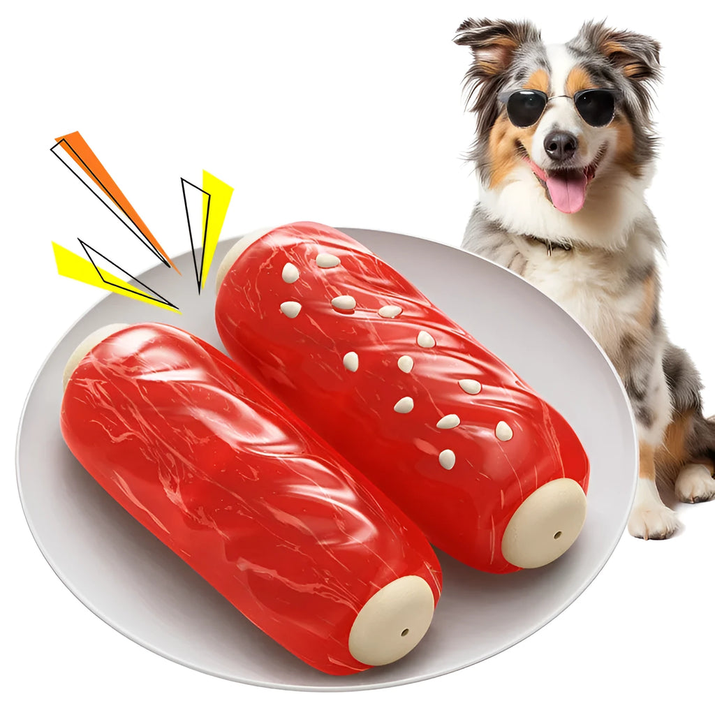 A primary-coloured plastic rod-shaped dog chew toy on a white background.