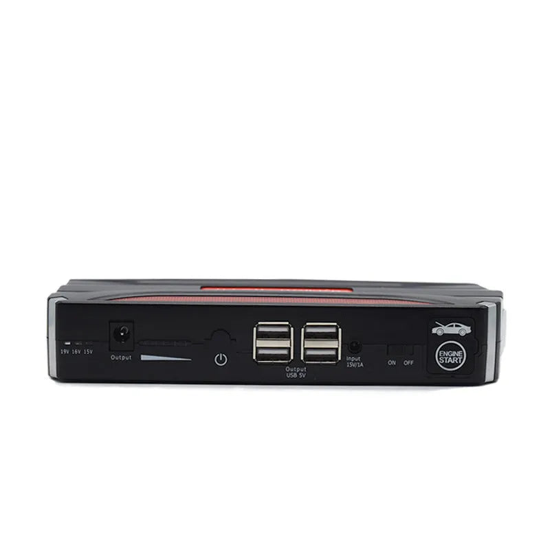 Black and red portable 12V vehicle jump starter power pack with carrying case.