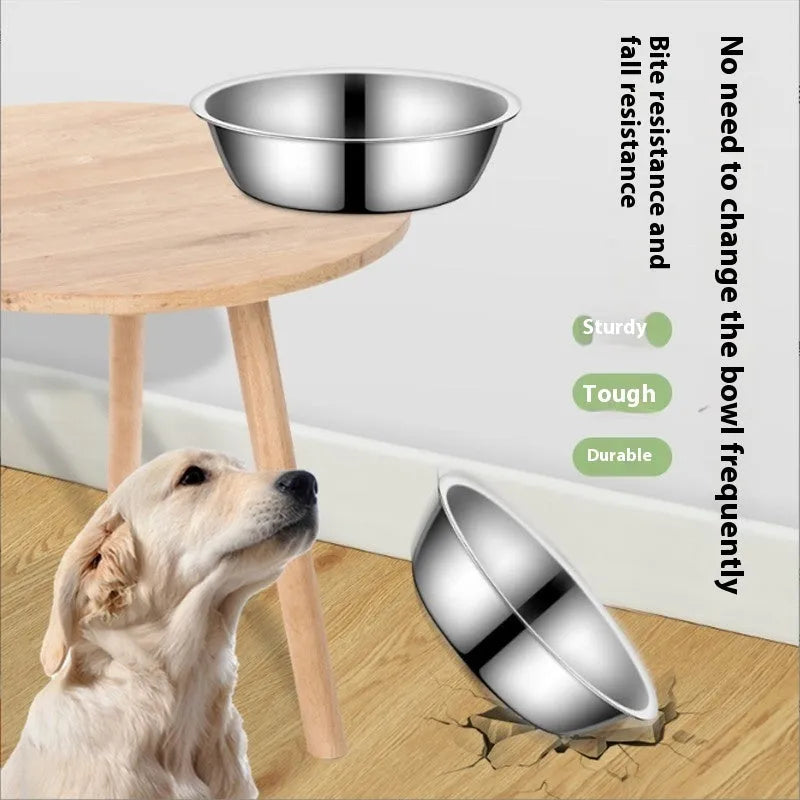 Stainless steel pet bowl set showing five different sizes from 13cm to 22cm diameter.