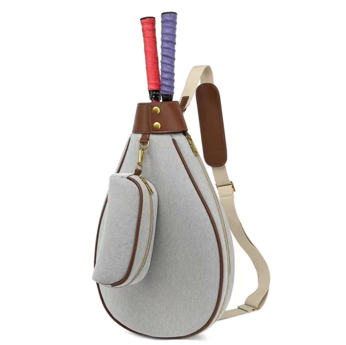Women's retro style leather one-shoulder badminton bag shown in multiple colour options.