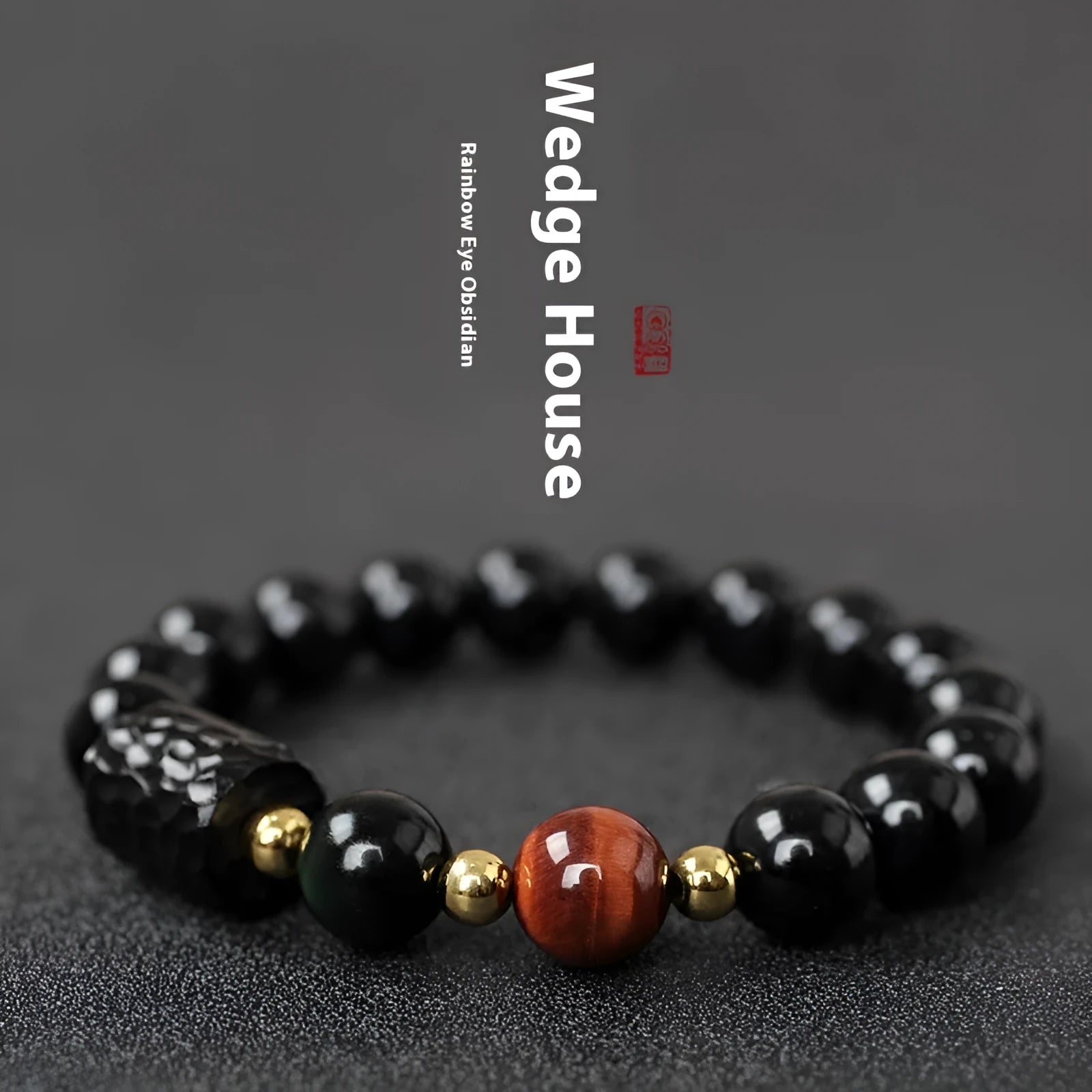 Obsidian bracelet with 10mm tiger eye beads in unisex couple design