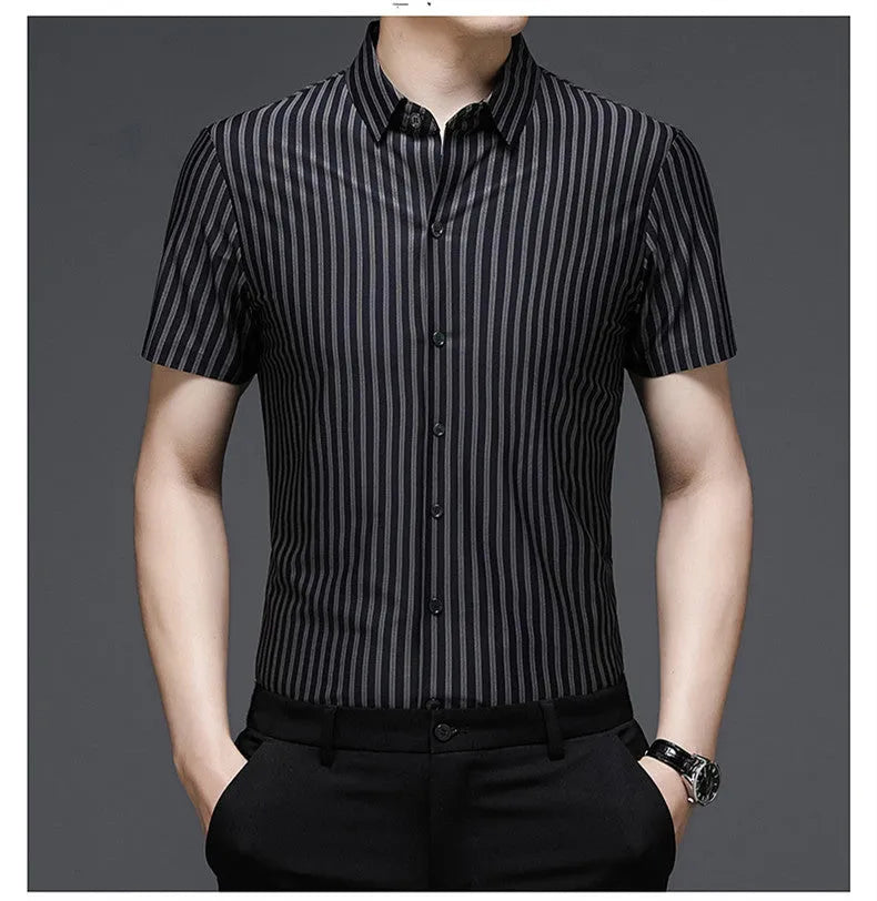 Woodpecker men's short sleeve vinylon shirt in blue, front view