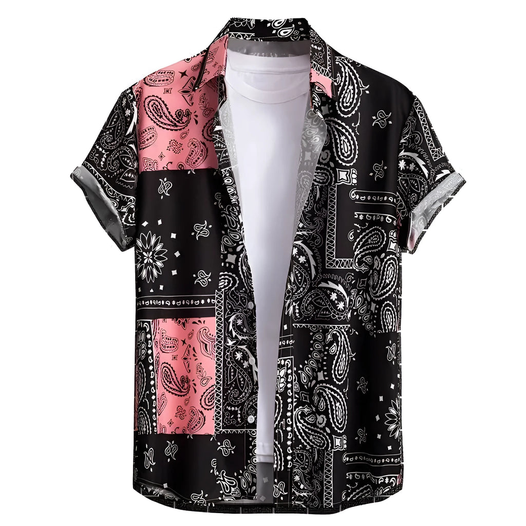 Man wearing a slim fit, short sleeve Hawaiian print shirt with a cardigan style.
