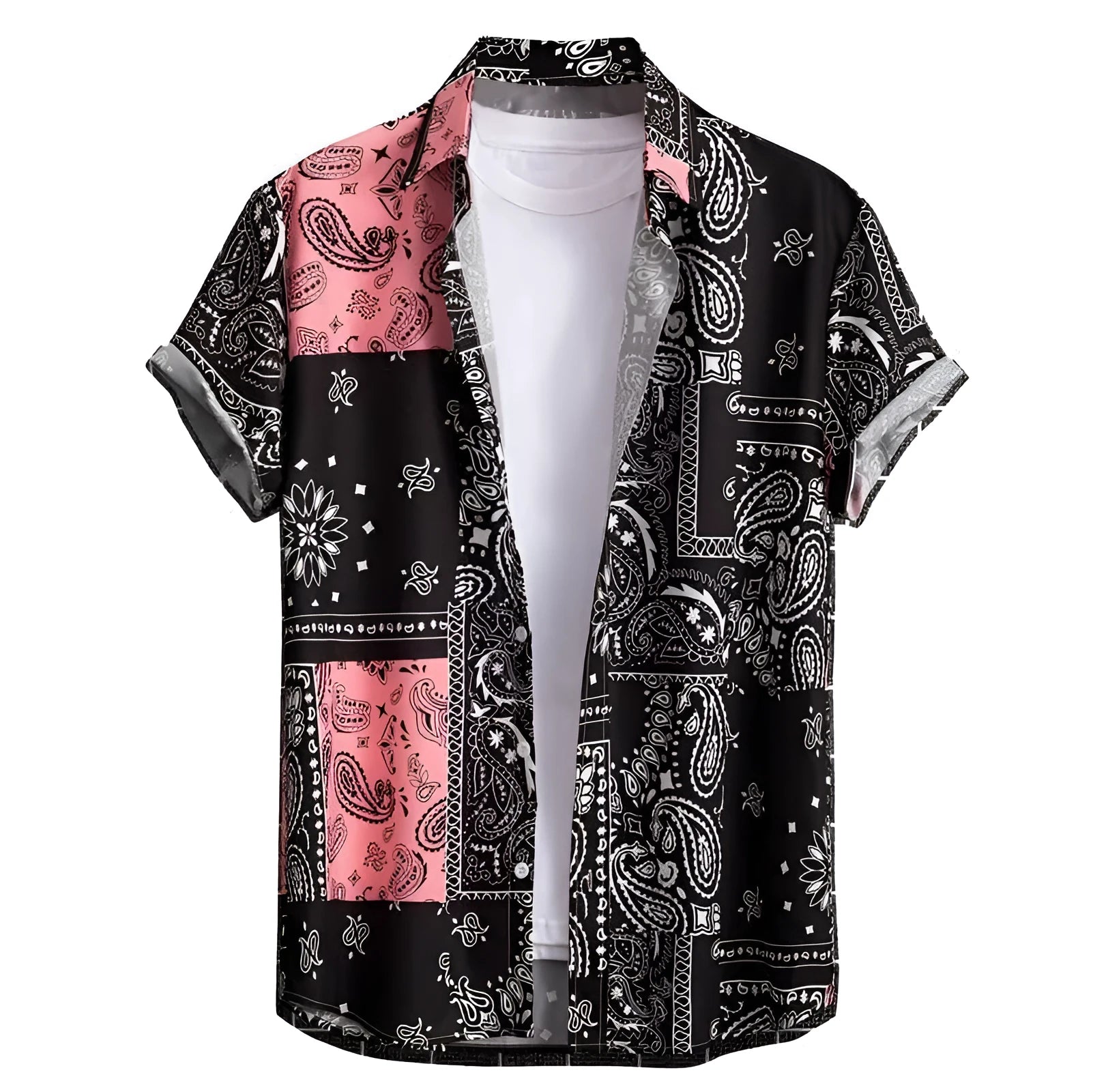 Man wearing a slim fit, short sleeve Hawaiian print shirt with a cardigan style.