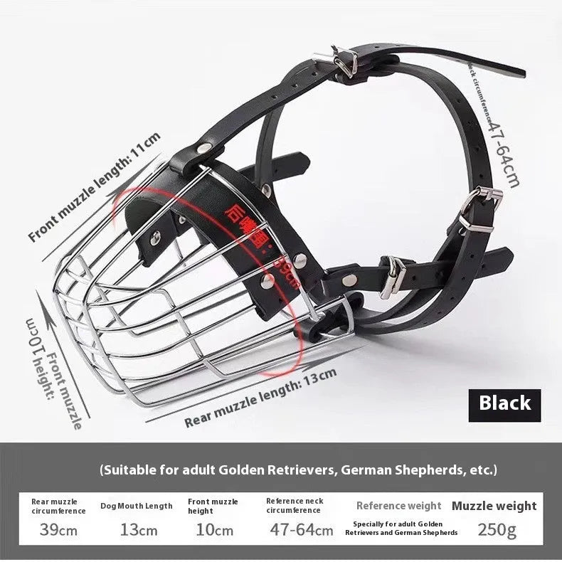 Black metal wire basket dog muzzle shaped for a golden retriever or German shepherd, showing adjustable strap and buckle.