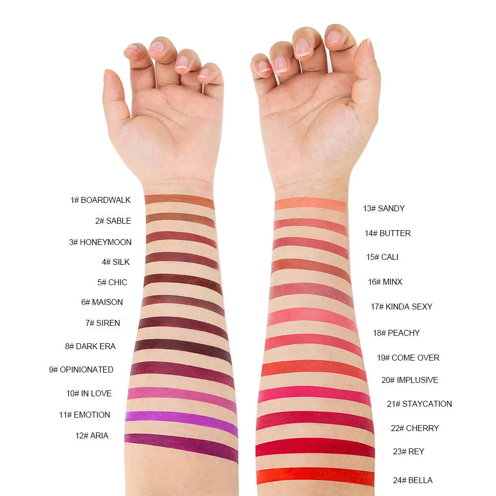 Matte finish waterproof lipstick in one of 24 colours, showing long-lasting nonstick lip colour.