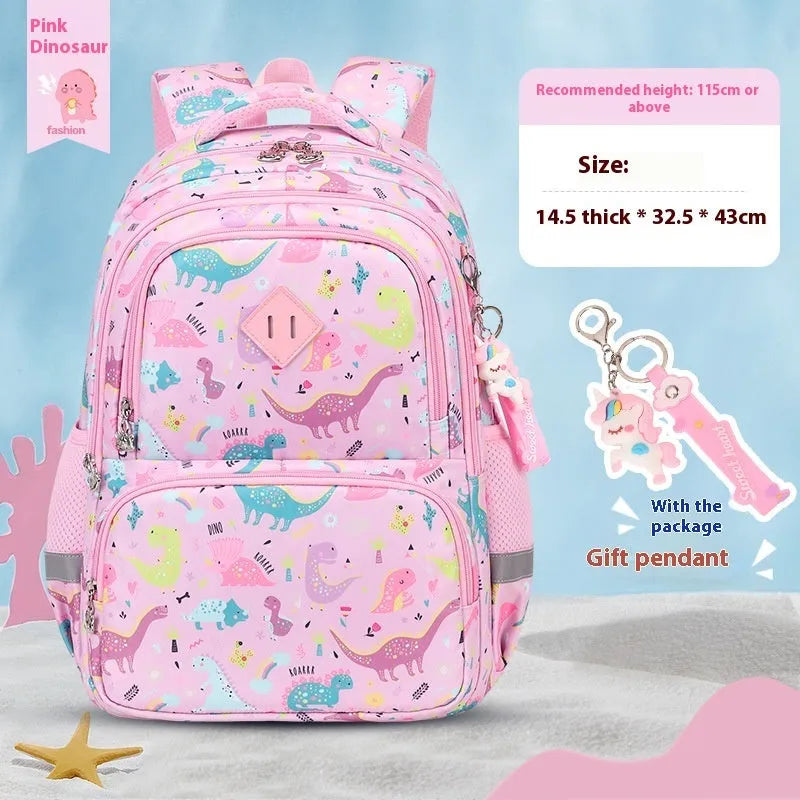 Blue children's waterproof school backpack with dinosaur pattern and curved shoulder straps.