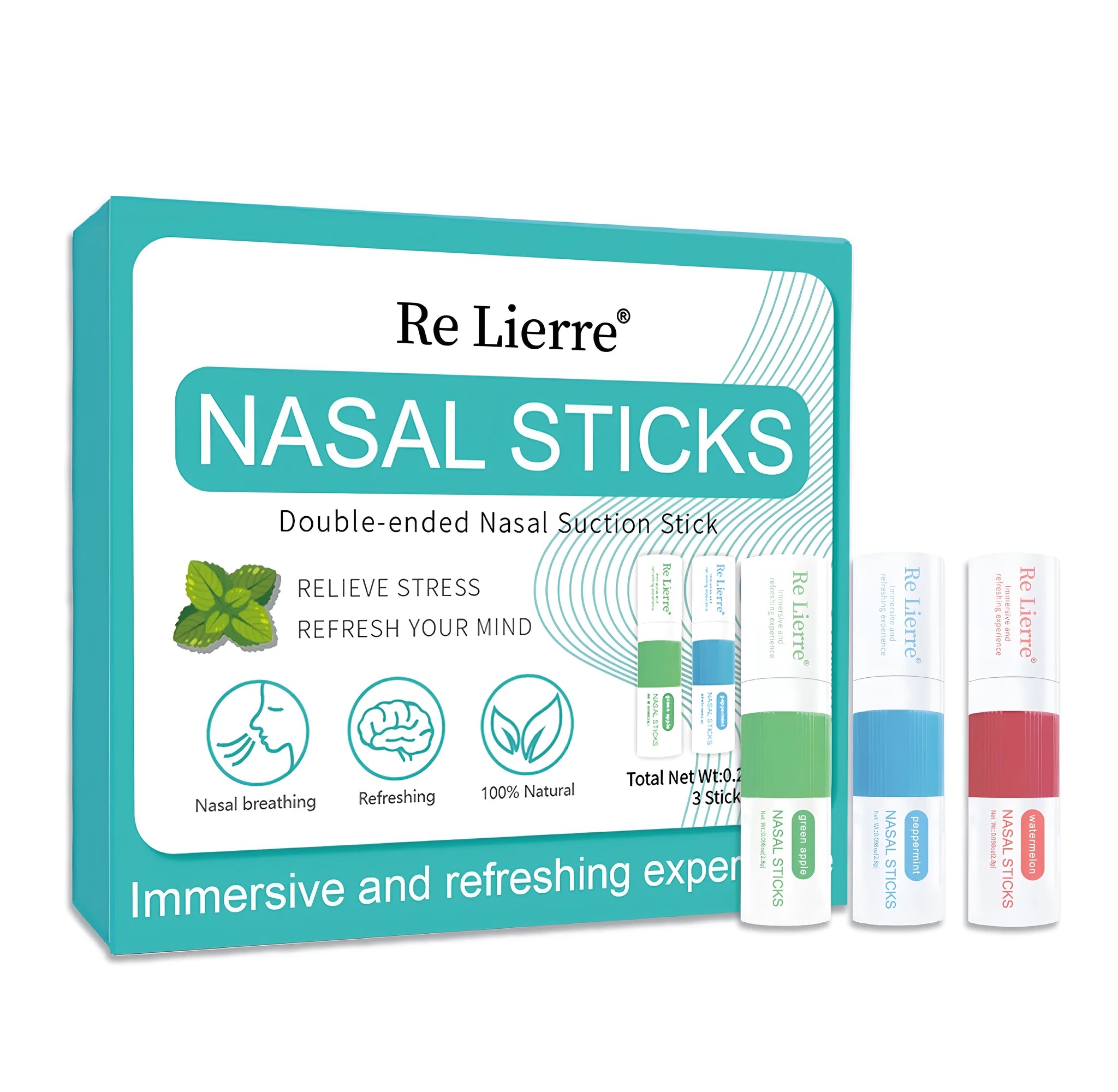 Re Lierre 3-in-1 Nasal Bar in cyan with nasal aspirator, nasal spray, and two ear cleaners on a white background