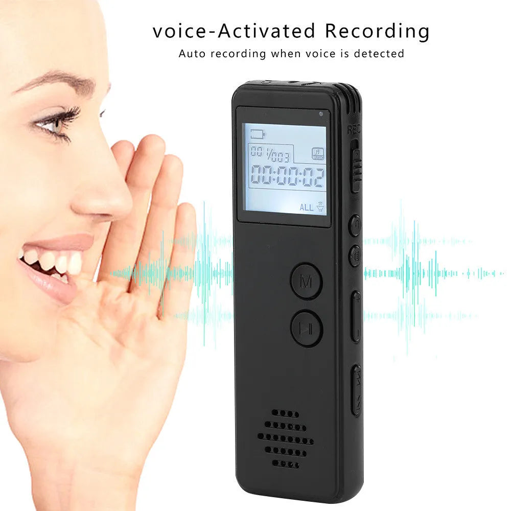 A black, matte-finish digital voice recorder showing a segmented code screen, with dimensions of 88mm by 33mm.