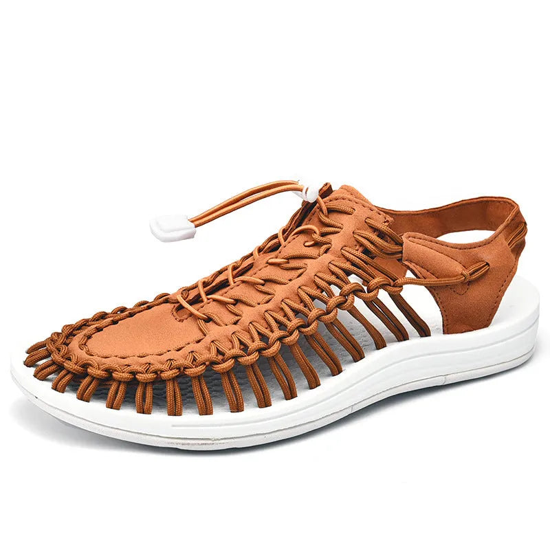 Woven sandals with an elastic drawstring tie closure in a rainbow colour option