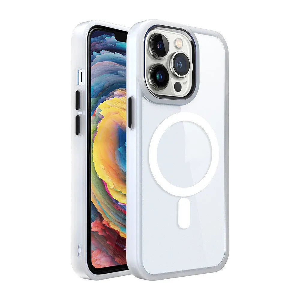 Magnetic transparent silicone phone case for iPhone on a table, showing colour options and MagSafe ring.