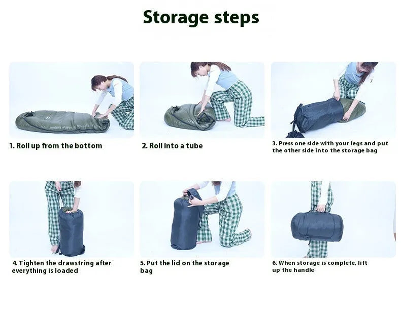 Ultralight mummy sleeping bag in army green colour with white duck down filler and water-repellent nylon fabric.