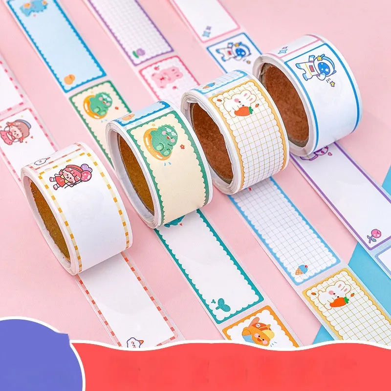 Roll of cartoon name tape stickers showing dinosaur, astronaut, rabbit and girl designs for student organisation