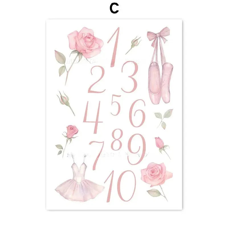 Ballet alphanumeric children's room canvas painting in frameless Nordic style, 13x18cm size