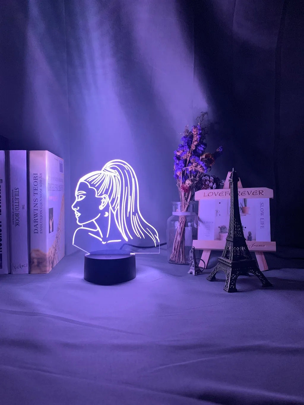 Slim European style acrylic 3D LED night light with colourful illumination on a black base.