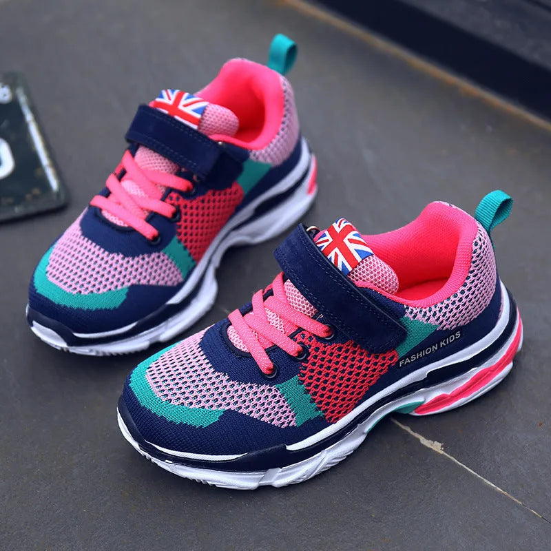 Children's mesh breathable running shoes with Velcro fastening in Pink, Grey Orange, and Royal Blue Grey colours