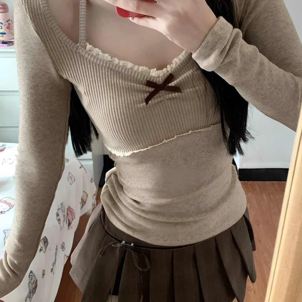 Halter lace V-neck sweater women's spring slim fit milk tea colour top front view