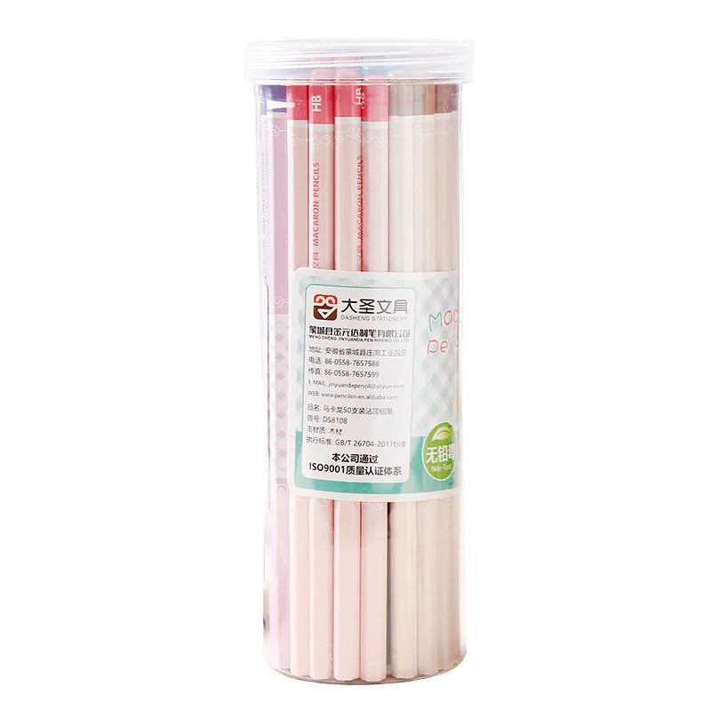 Basswood six-angle rod thermal transfer pencil with HB refill, shown in a barrel of 50 pieces.