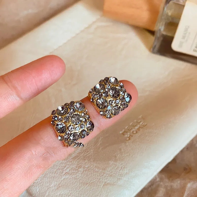 Women's alloy geometric earrings with micro inlaid zircon in chamfered square grain shape, E6449 gold finish