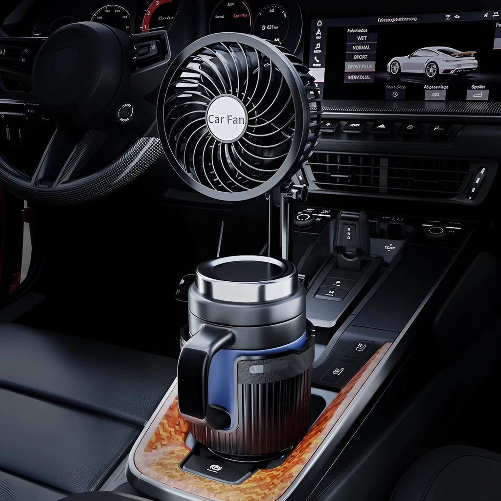 ABS plastic car cup holder fan showing 4-inch and 6-inch size options with 12V, 24V, and USB power plugs.