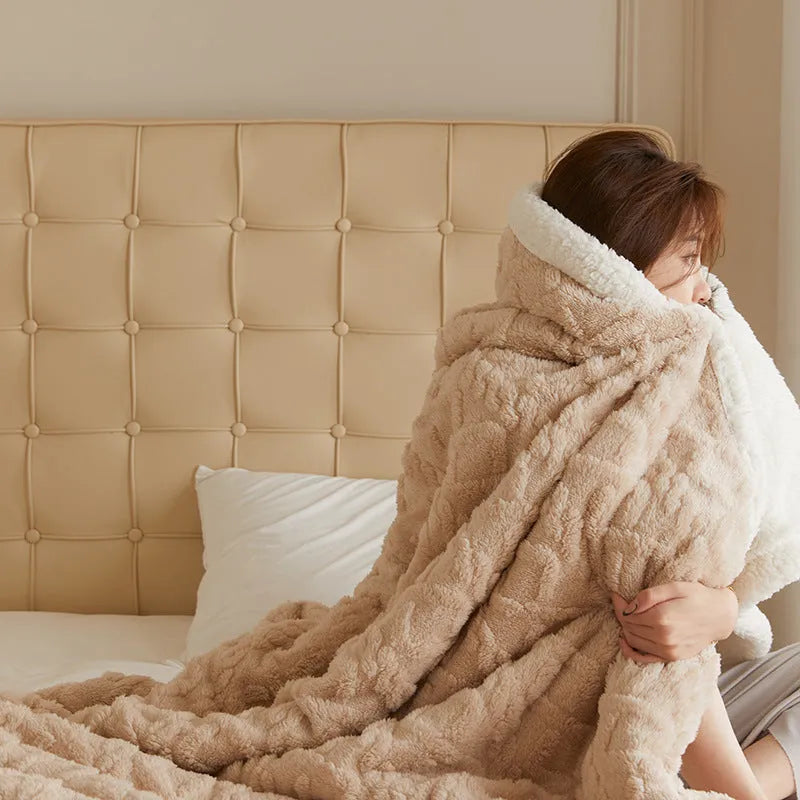 Thermal flannel blanket in tea green colour showing thickening taffeta fabric texture