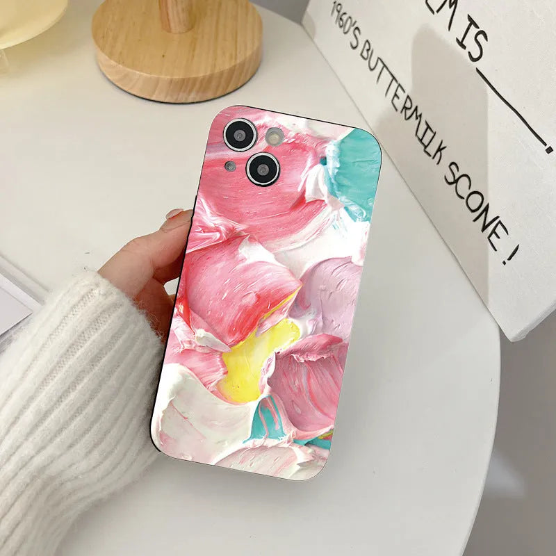 Oil painting flowers embossed PC phone case for iPhone with shockproof protection
