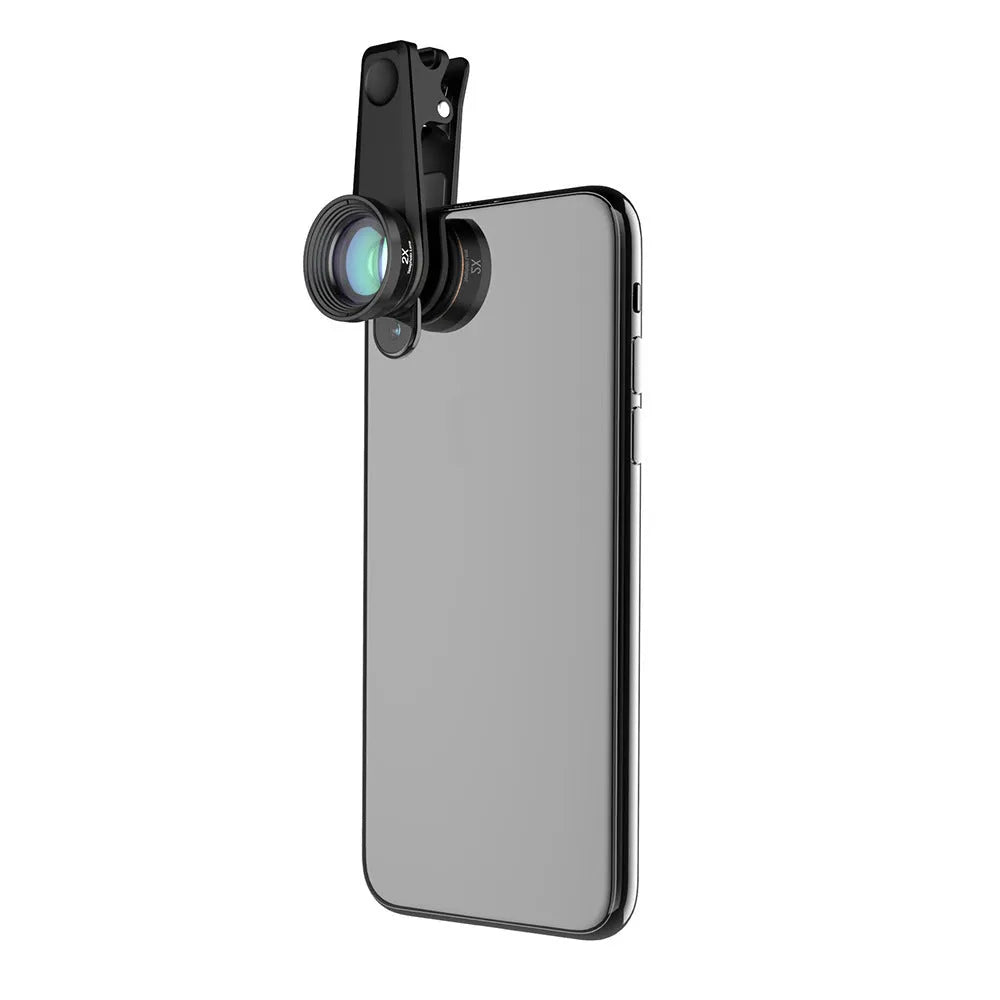 Black 6-in-1 smartphone camera lens kit with fisheye, wide-angle, telephoto, CPL, and star filter lenses and a universal clip.