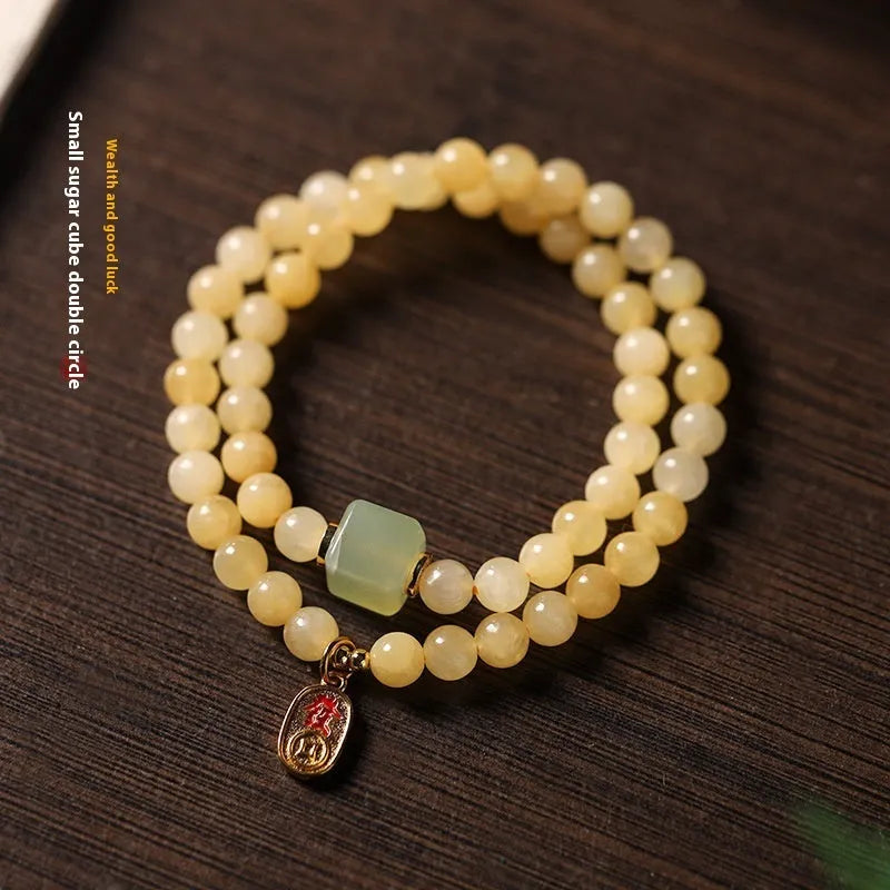 Women's hand-woven topaz bracelet with barrel beads and square sugar jade beads featuring fu character