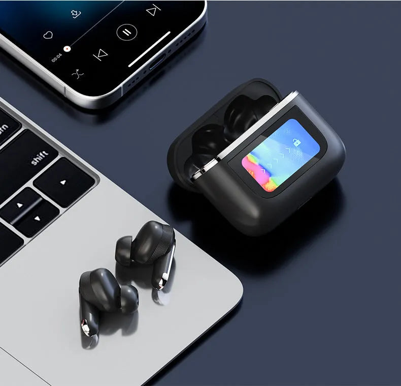 Black wireless in-ear headphones with a touch screen panel on the earpiece.