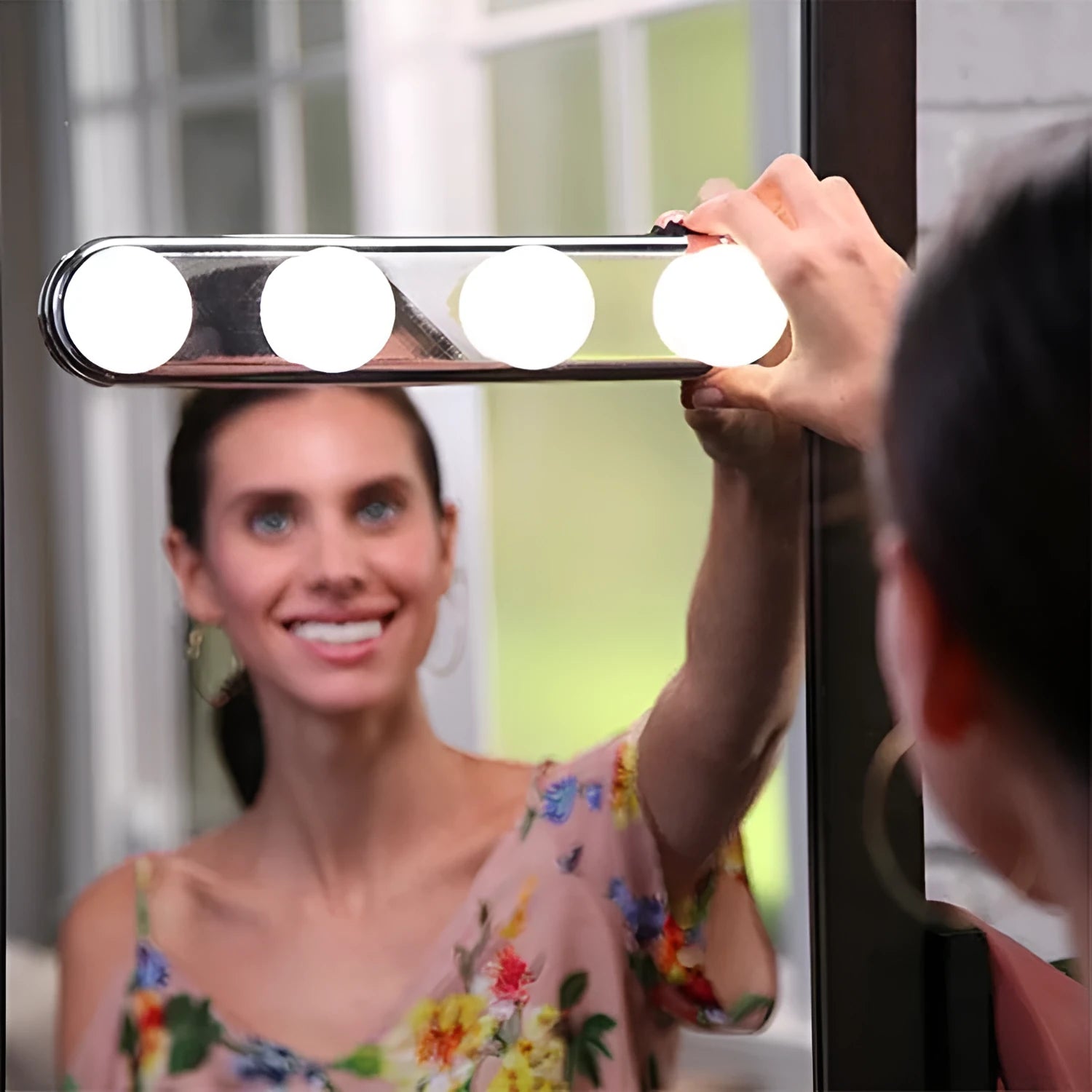 Four bulb mirror headlight with suction cup and round LED light for indoor makeup use