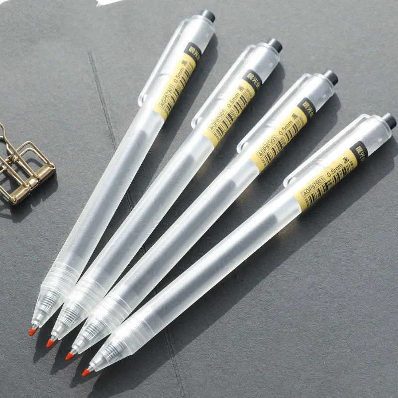 Set of twelve black retractable gel pens with frosted matte barrels and two spare refills.