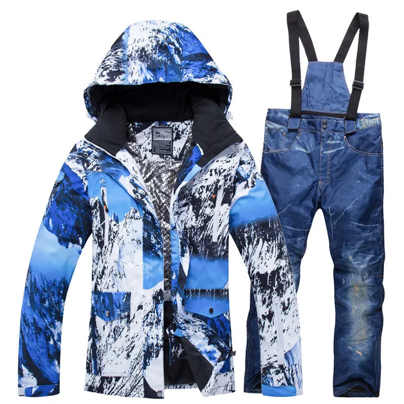 New waterproof warm ski suit for men and women, blue and red options, nylon lining, cotton fillers, sizes M to 3XL