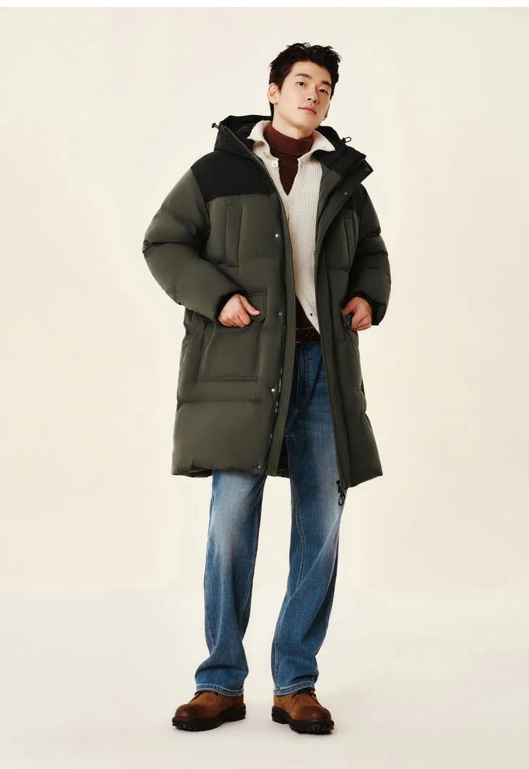 Long black waterproof winter coat with duck down filling, front view, available in multiple sizes