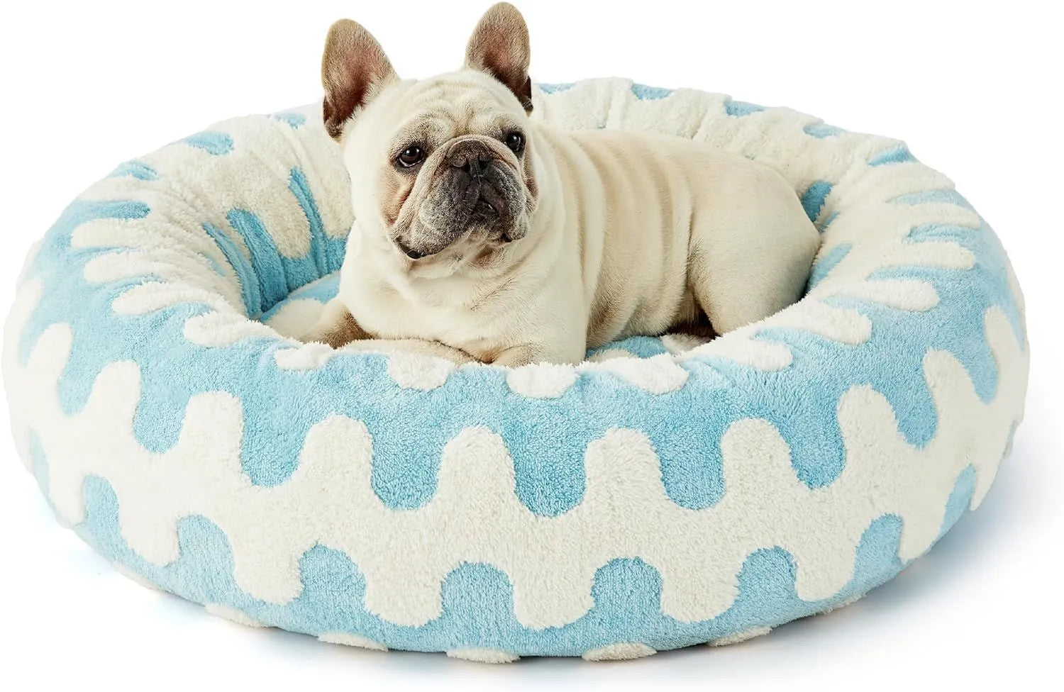 Round plaid dog bed with a raised edge on a plastic base, shown in a sea blue and white colour.