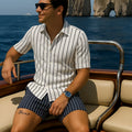 Man wearing a light mature casual style beach shirt and shorts set made from elastic fabric.