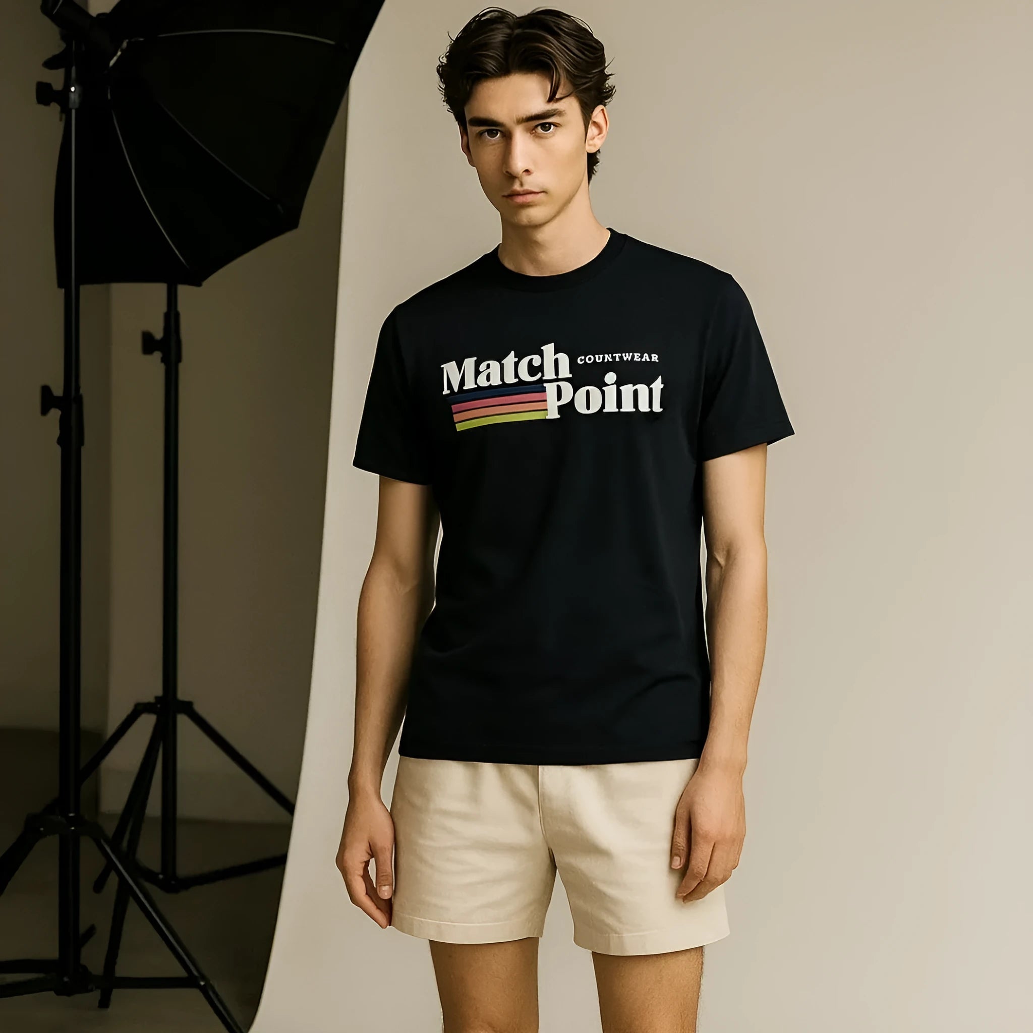 Black men's T-shirt with a 3D digital printed pattern, showing round neck and short sleeves.