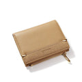 A folded ladies wallet in PU leather with a zipper, showing internal card slots and compartments.