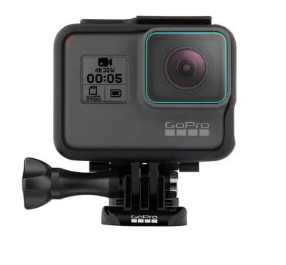 GoPro Hero 5 6 7 camera with transparent tempered glass lens and LCD screen protector films.
