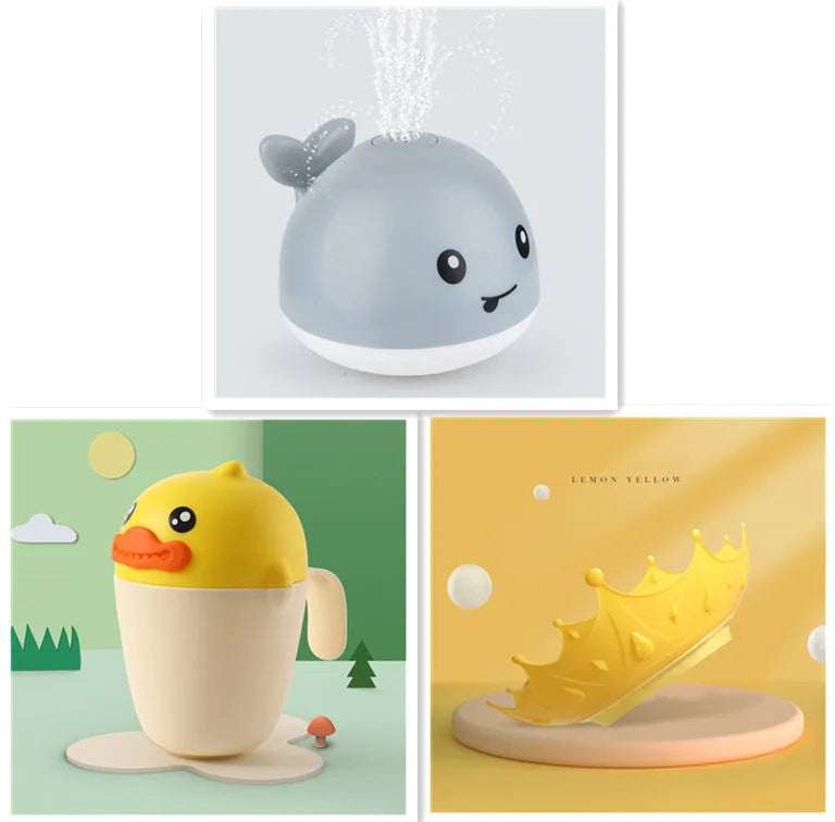 Whale-shaped baby bath toy with automatic water spray, flashing lights, and music on a base.