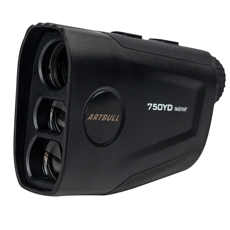 Golf laser rangefinder with 750 yard range showing LCD display with distance measurement