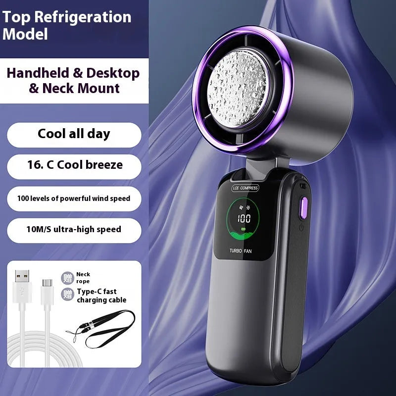 Handheld electric fan with neck strap shown in blue colour, featuring a folding design and USB port.