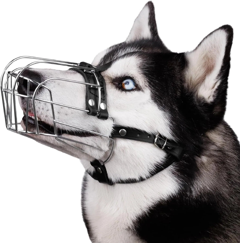 Black metal wire basket dog muzzle shaped for a golden retriever or German shepherd, showing adjustable strap and buckle.