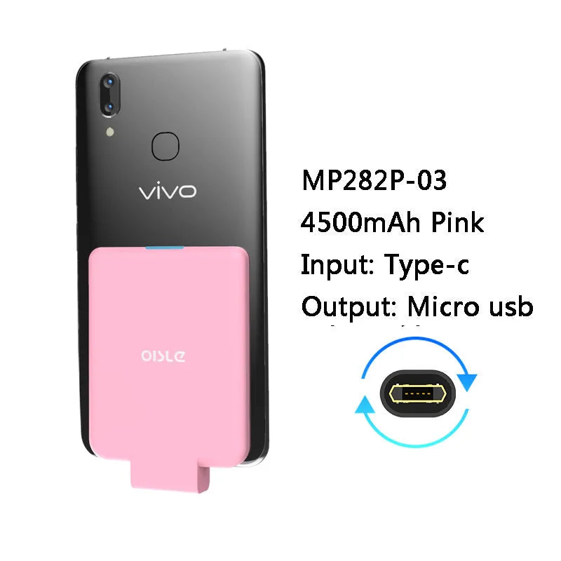 MP282P back clip battery power bank in multiple colours next to a smartphone.